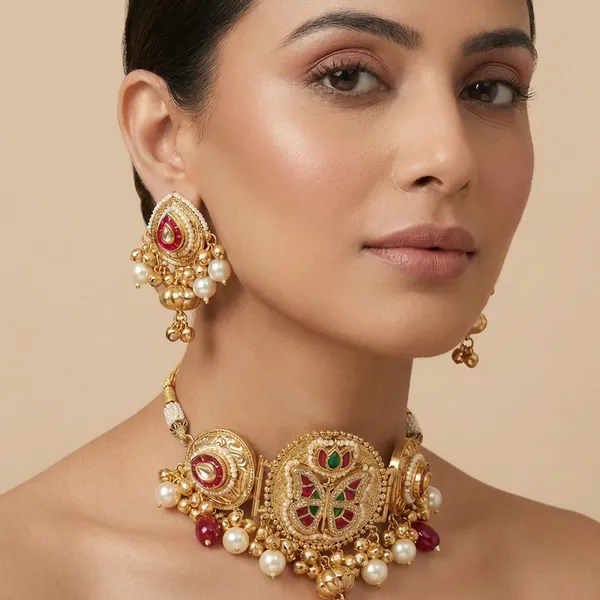Multicolor_Gold_Plated_Brass_Choker_Necklace_Set_For_Women