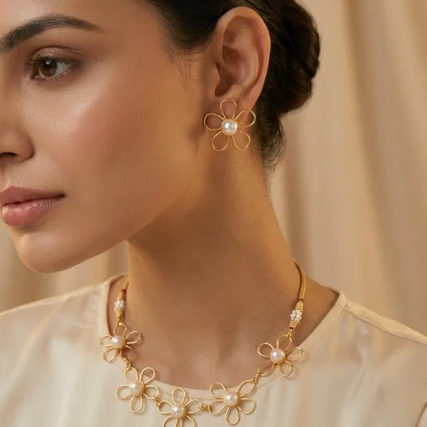 White_pearl__And_Gold_Plated_Brass_Necklace_Set_with_earrings__For_Women