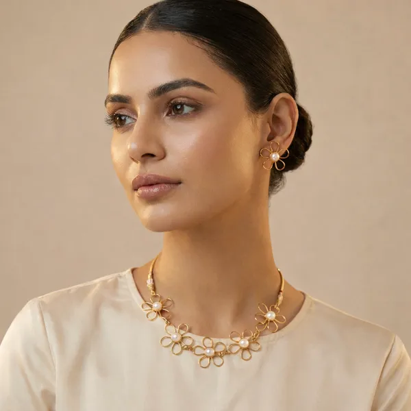 White_pearl__And_Gold_Plated_Brass_Necklace_Set_with_earrings__For_Women
