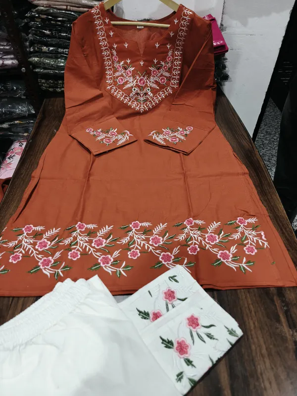 Embroidery_Work_Rust_Color_Cotton_Kurti_Plazo_Set