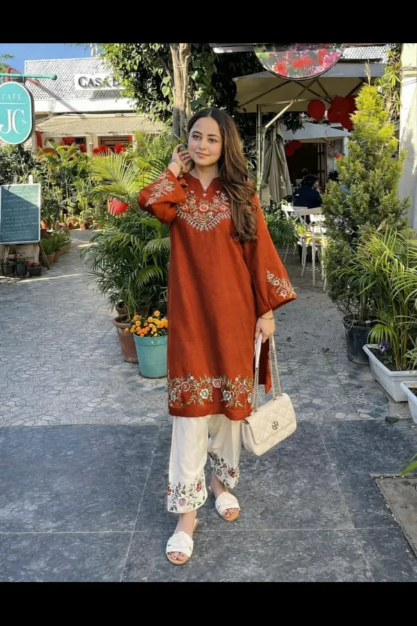Embroidery_Work_Rust_Color_Cotton_Kurti_Plazo_Set