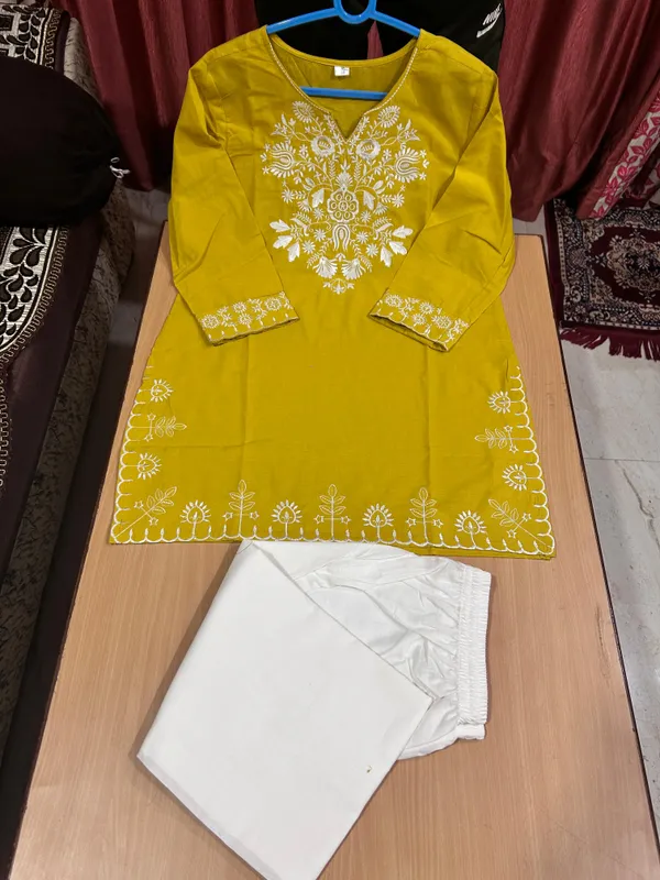 Mustard_Cotton_Embroidered_Kurta_with_White_Pants_for_Women