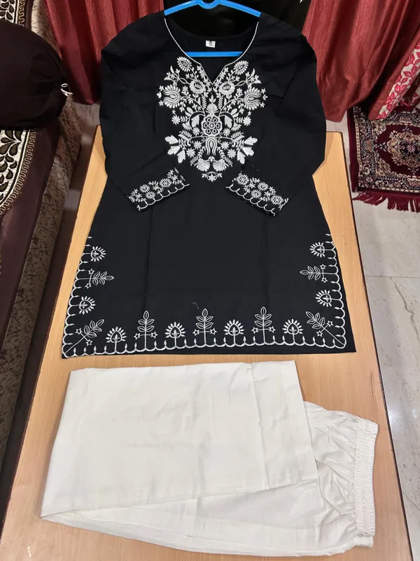 Black_Cotton_Embroidered_Straight_Kurta_with_White_Palazzo_for_Women