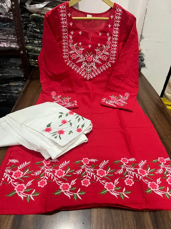 Embroidery_Work_Red_Color_Cotton_Kurti_Plazo_Set
