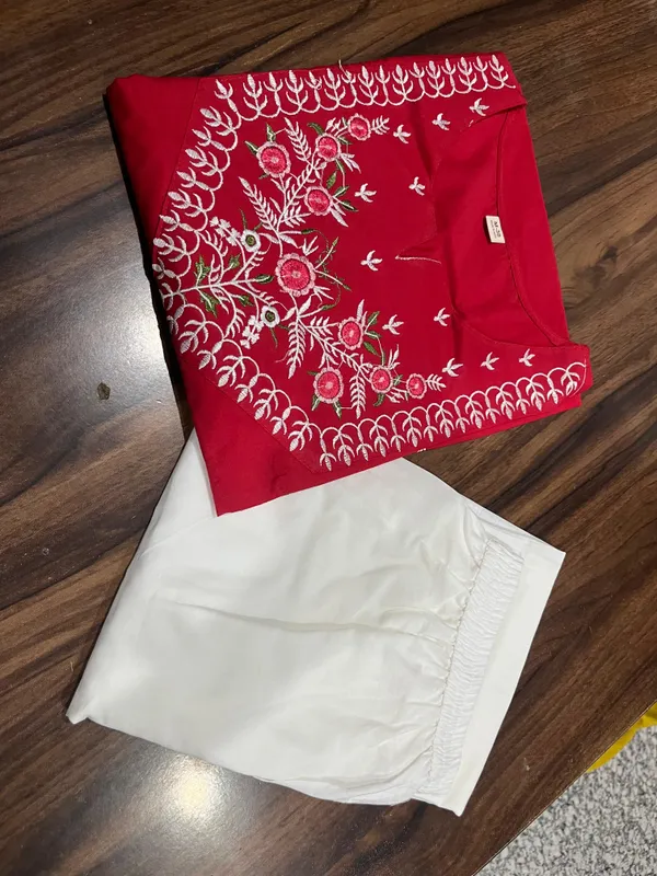 Embroidery_Work_Red_Color_Cotton_Kurti_Plazo_Set