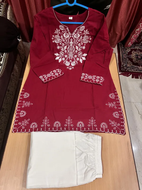 Maroon_Cotton_Embroidered_Kurta_with_White_Pants_for_Women