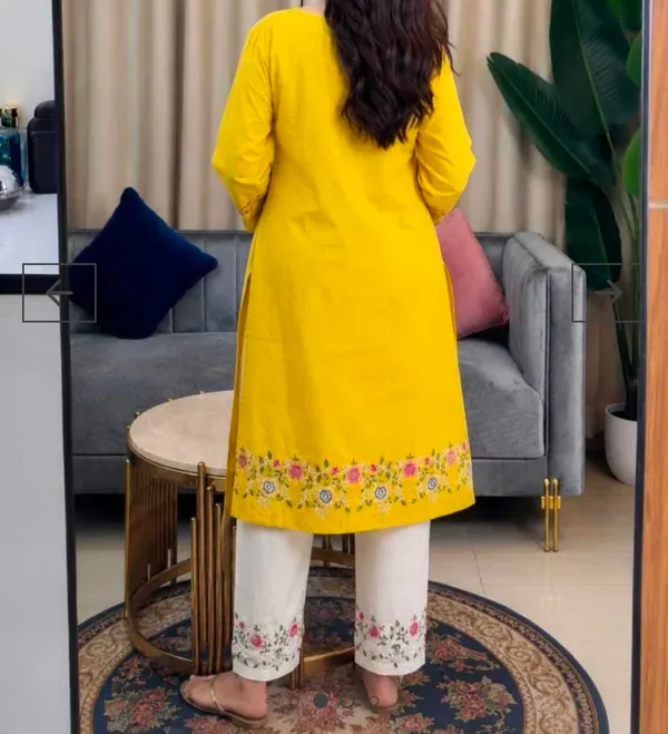 Embroidery_Work_Yellow_Color_Cotton_Kurti_Plazo_Set