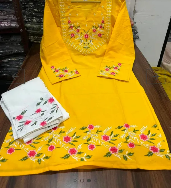 Embroidery_Work_Yellow_Color_Cotton_Kurti_Plazo_Set