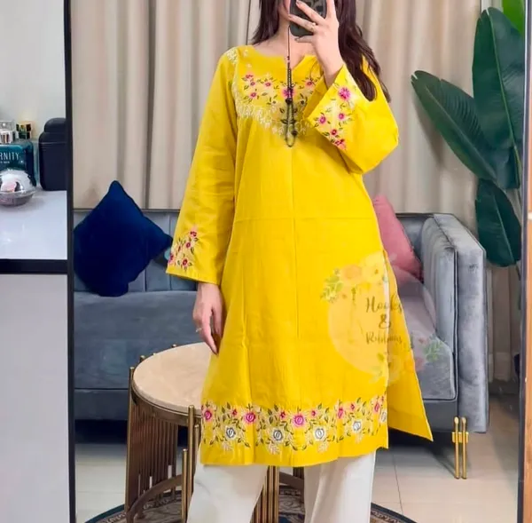 Embroidery_Work_Yellow_Color_Cotton_Kurti_Plazo_Set