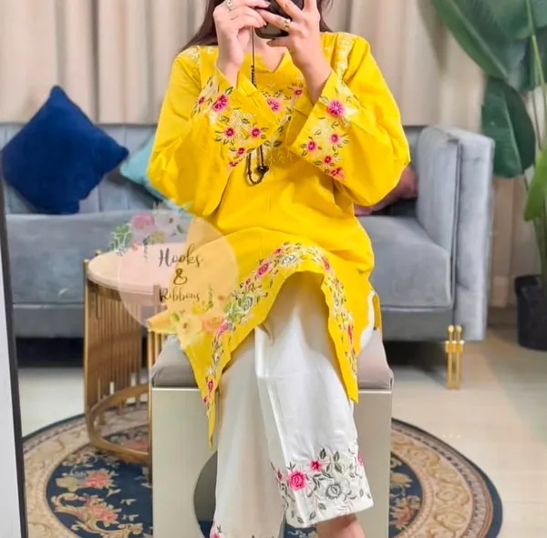 Embroidery_Work_Yellow_Color_Cotton_Kurti_Plazo_Set