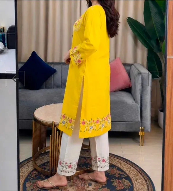 Embroidery_Work_Yellow_Color_Cotton_Kurti_Plazo_Set