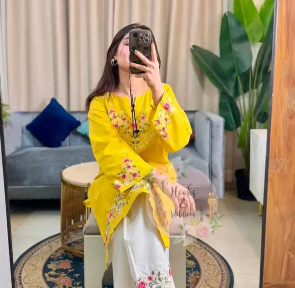 Embroidery_Work_Yellow_Color_Cotton_Kurti_Plazo_Set