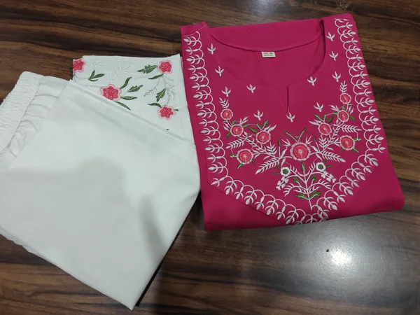 Embroidery_Work_Pink_Color_Cotton_Kurti_Plazo_Set
