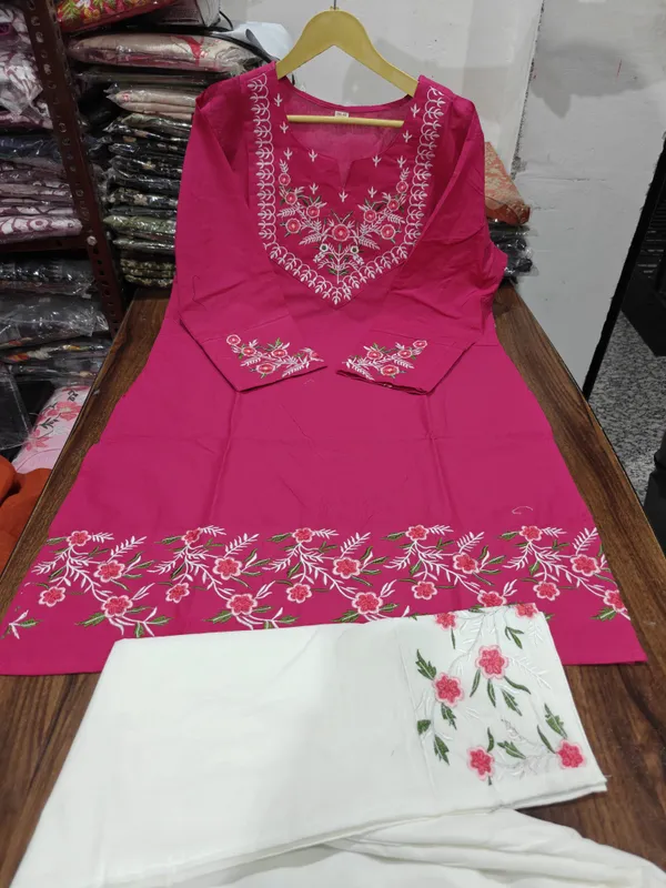 Embroidery_Work_Pink_Color_Cotton_Kurti_Plazo_Set