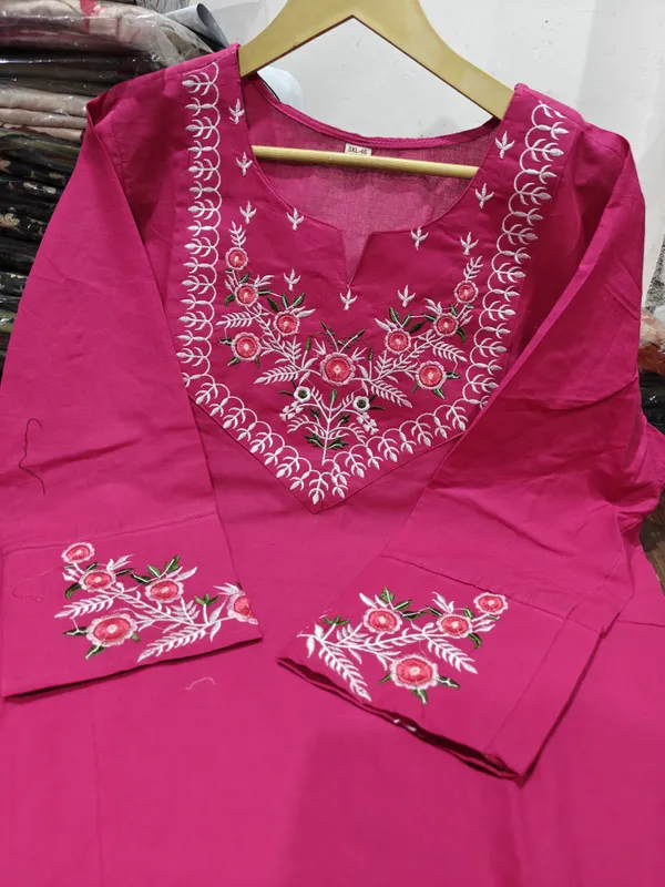 Embroidery_Work_Pink_Color_Cotton_Kurti_Plazo_Set