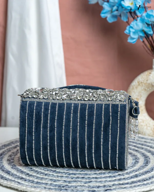 Velleso_Blue_Avara_Crystal_Embellished_Flap_Over_Bag