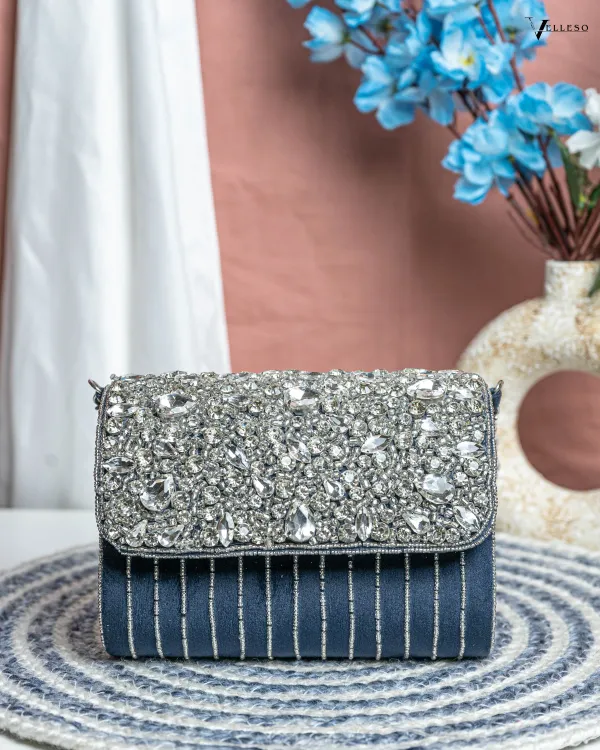 Velleso_Blue_Avara_Crystal_Embellished_Flap_Over_Bag