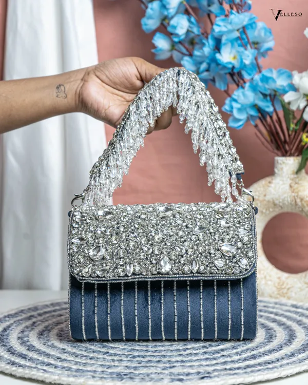Velleso_Blue_Avara_Crystal_Embellished_Flap_Over_Bag