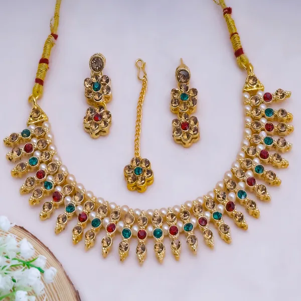 Gold_Plated_Multi_Stone_Traditional_Choker_Necklace_Set_With_Earrings_And_Maang_Tikka