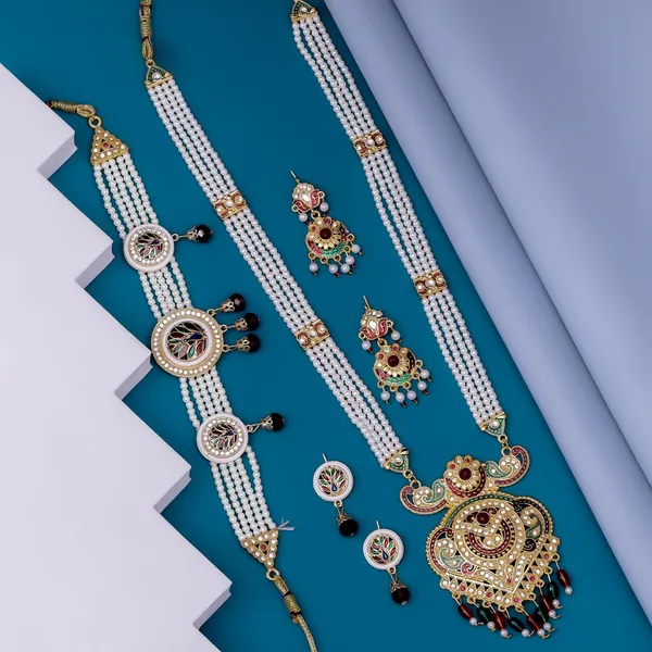 Pearl_Meenakari_Multi_Strand_Elegant_Jewellery_Set_With_Earrings