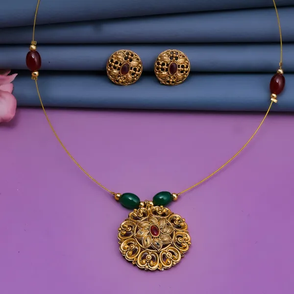 Antique_Gold_Floral_Beaded_Chain_Necklace_Set_With_Matching_Earrings