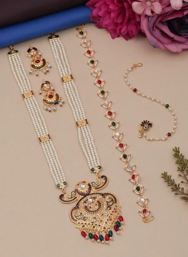 Gold_Plated_Pearl_Colorful_Gemstones_Traditional_Necklace_Set_With_Matching_Earrings