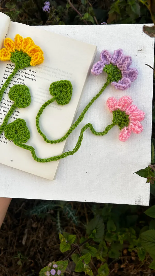 Handmade_Crochet_Flower_Bookmarks_-_Set_of_3_(Yellow,_Purple,_Pink)