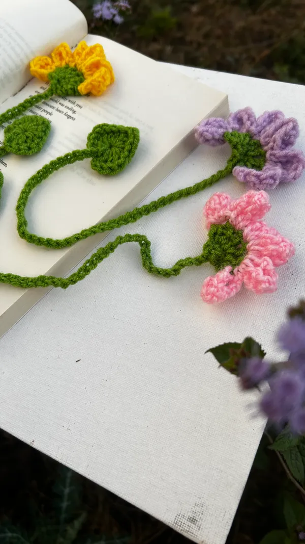 Handmade_Crochet_Flower_Bookmarks_-_Set_of_3_(Yellow,_Purple,_Pink)