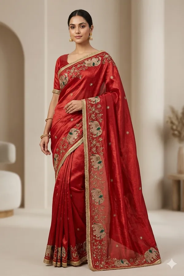 Red_Embroidered_Silk_Saree_With_Golden_Border_And_Peacock_Motifs