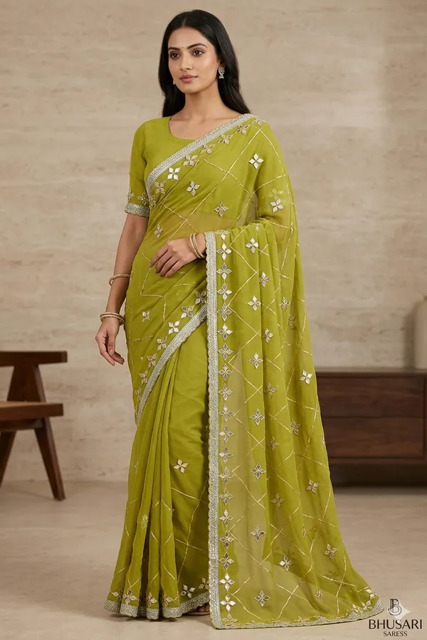Olive_Green_Embellished_Saree_With_Sequin_Work_And_Gota_Border