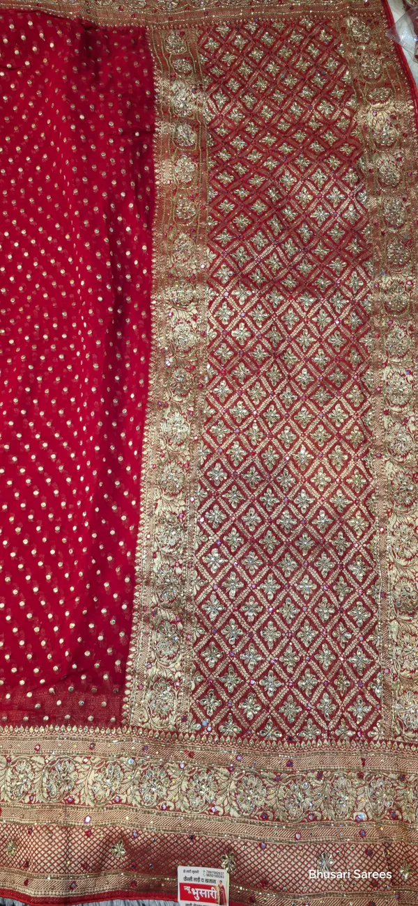 Red_Georgette_Sequin_Work_Saree_With_Golden_Zari_Border