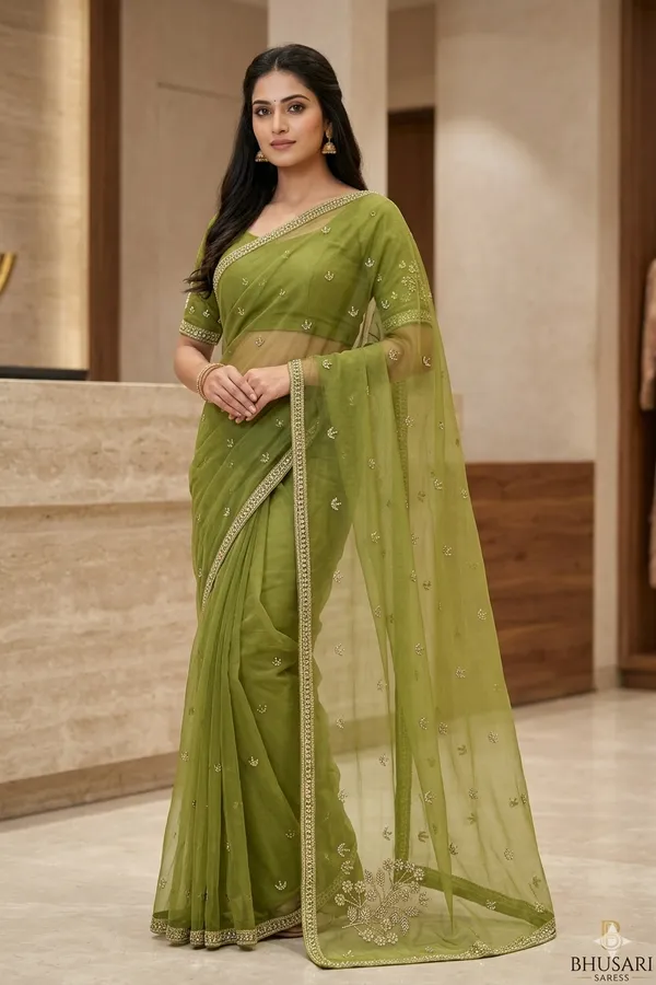 Elegant_Olive_Green_Embellished_Saree_With_Floral_Embroidery_And_Border_Work