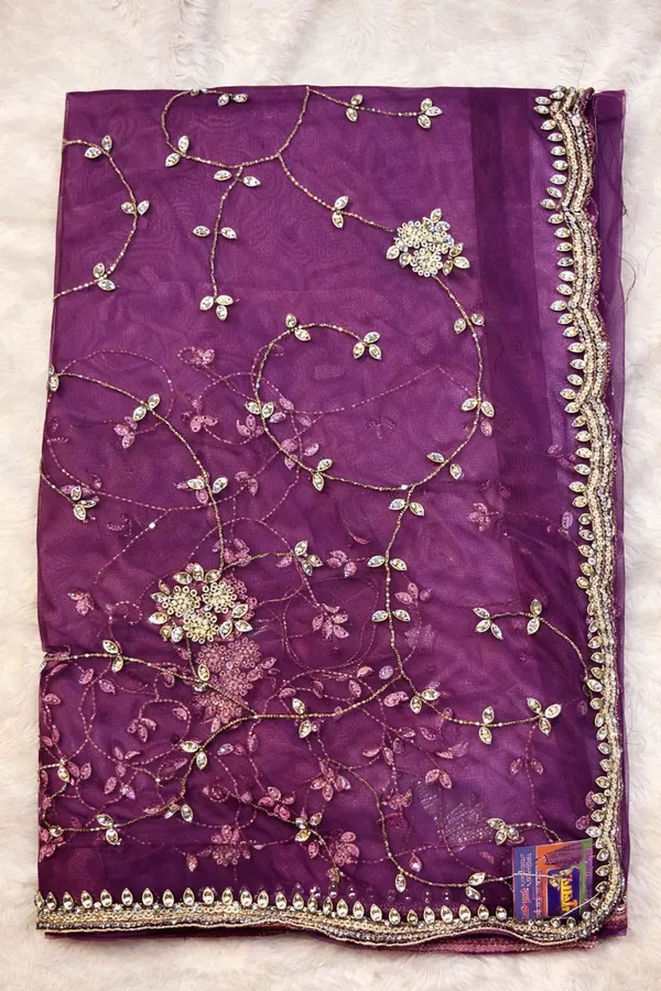 Purple_Embroidered_Net_Saree_With_Golden_Floral_Work_And_Border