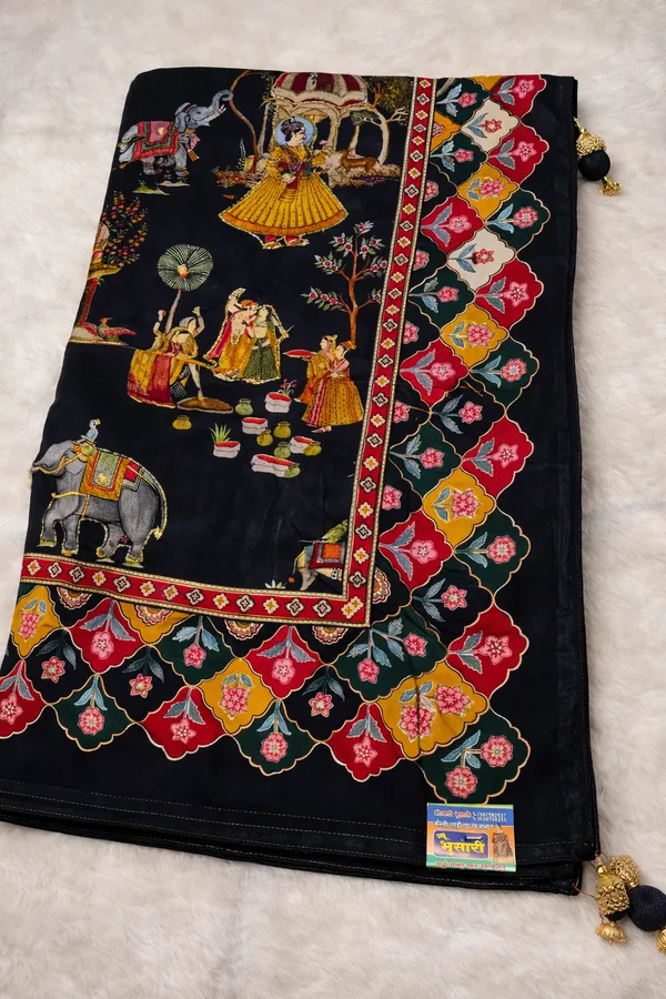 Black_Printed_Saree_With_Mughal_Art_Motifs_And_Floral_Border