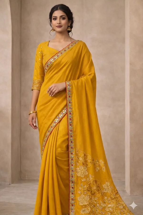 Yellow_Embroidered_Saree_With_Floral_Design_And_Sequin_Border