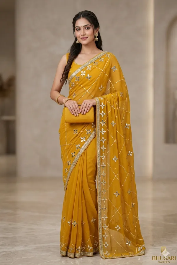 Mustard_Yellow_Georgette_Saree_With_Mirror_Work_And_Embroidery