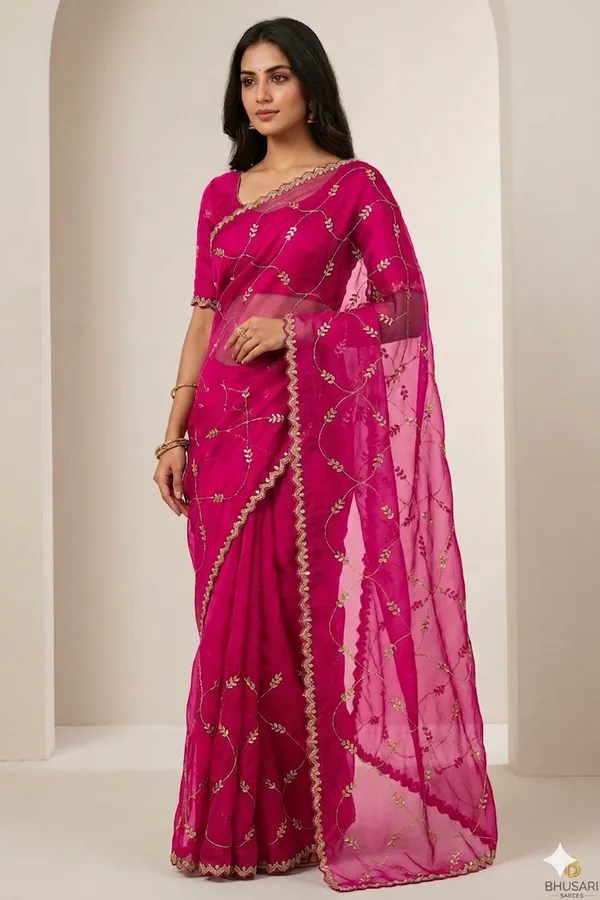 Pink_Georgette_Embroidered_Saree_With_Golden_Lattice_Work_And_Floral_Motifs