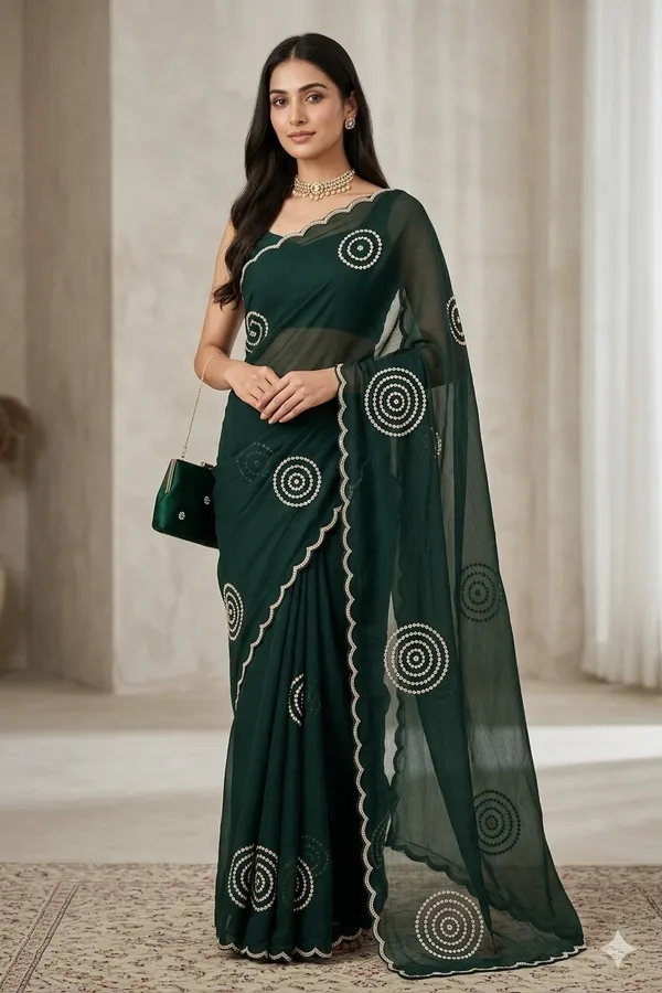 Dark_Green_Georgette_Saree_With_Silver_Circular_Embroidery_And_Scalloped_Border