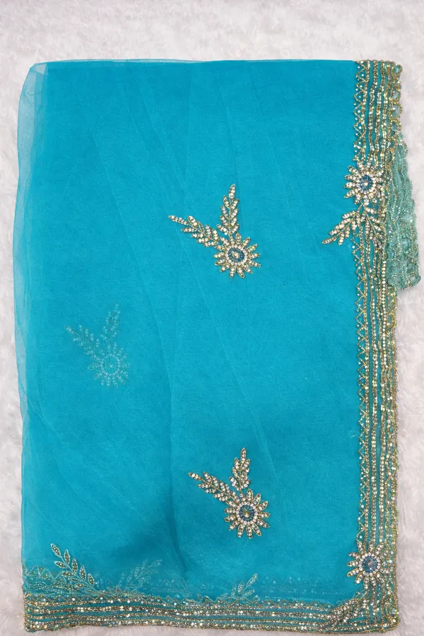 Turquoise_Embellished_Net_Saree_With_Golden_Floral_Work_And_Border