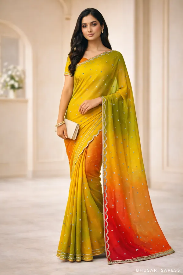 Stunning_Yellow_To_Orange_Ombre_Georgette_Saree_With_Embellished_Border_And_Blouse