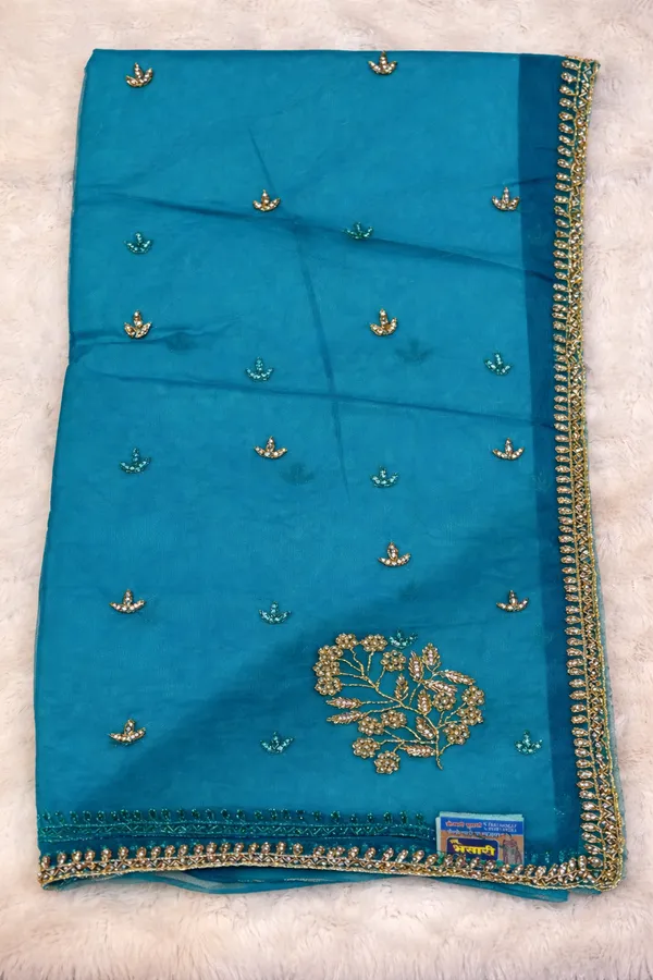 Turquoise_Blue_Embroidered_Georgette_Saree_With_Golden_Border