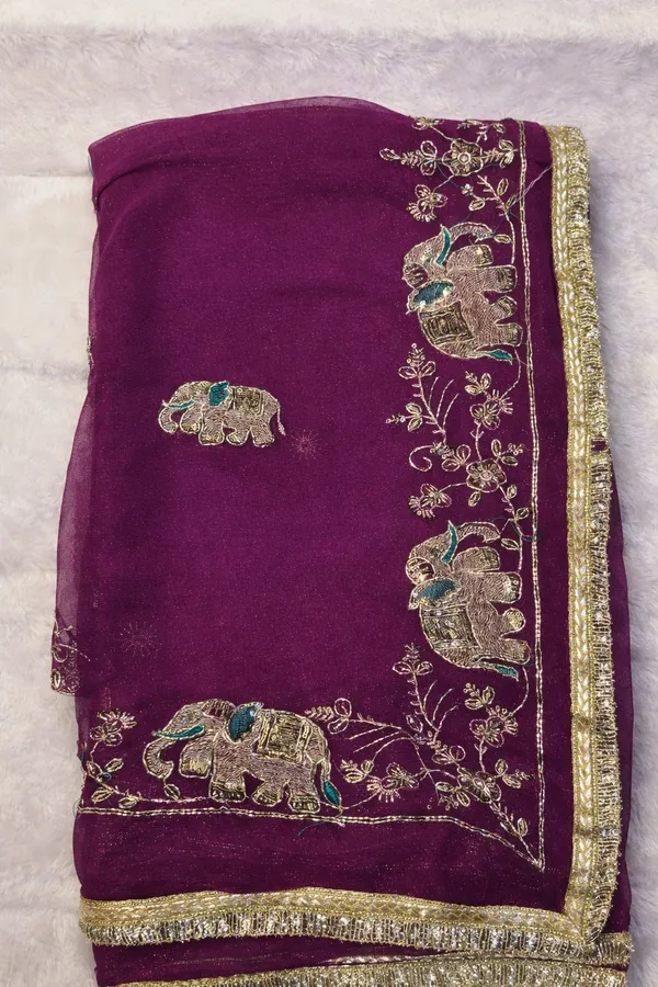 Purple_Embroidered_Saree_With_Elephant_Motifs_And_Golden_Border