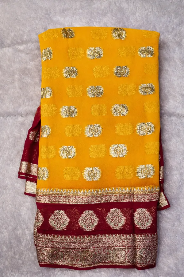 Yellow_Banarasi_Silk_Saree_With_Maroon_Border_And_Golden_Motifs
