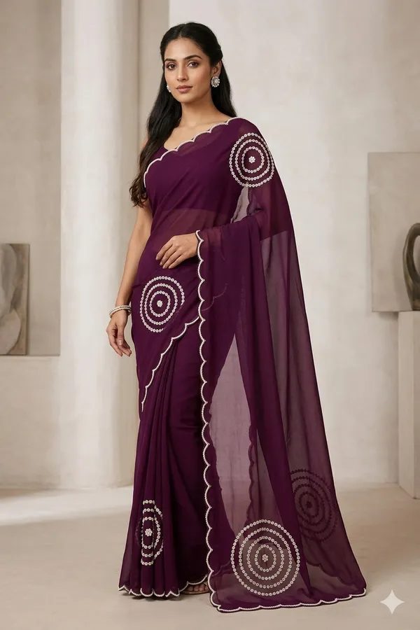 Wine_Purple_Georgette_Saree_With_Circular_Sequin_Work_And_Scalloped_Border
