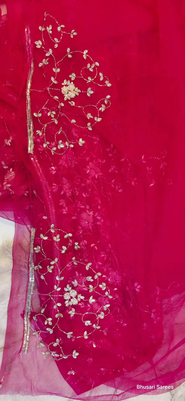 Red_Chiffon_Saree_With_Golden_Embroidery_And_Floral_Motifs