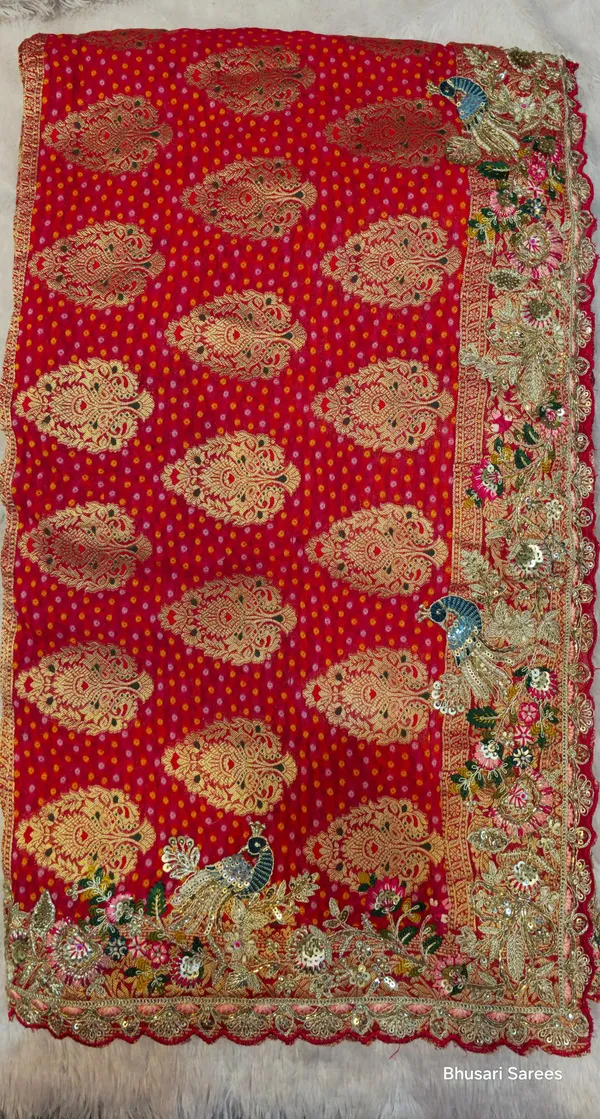 Red_Banarasi_Silk_Saree_With_Golden_Buti_Work_And_Embellished_Border