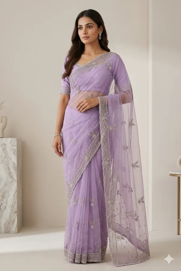 Purple_Embellished_Net_Saree_With_Silver_Sequin_Work