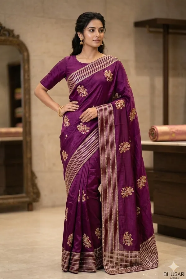 Purple_Embroidered_Silk_Saree_With_Golden_Floral_Motifs_And_Border