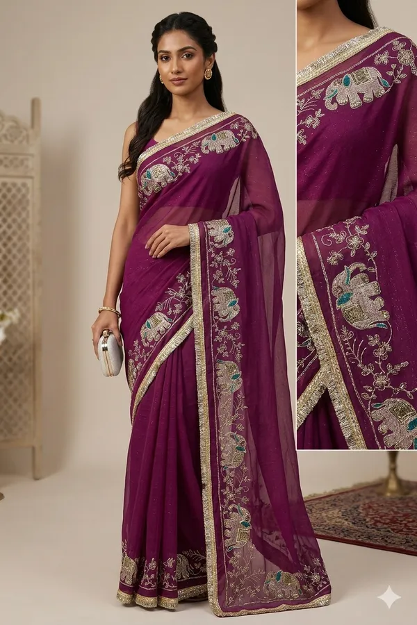 Purple_Embroidered_Saree_With_Elephant_Motifs_And_Golden_Border