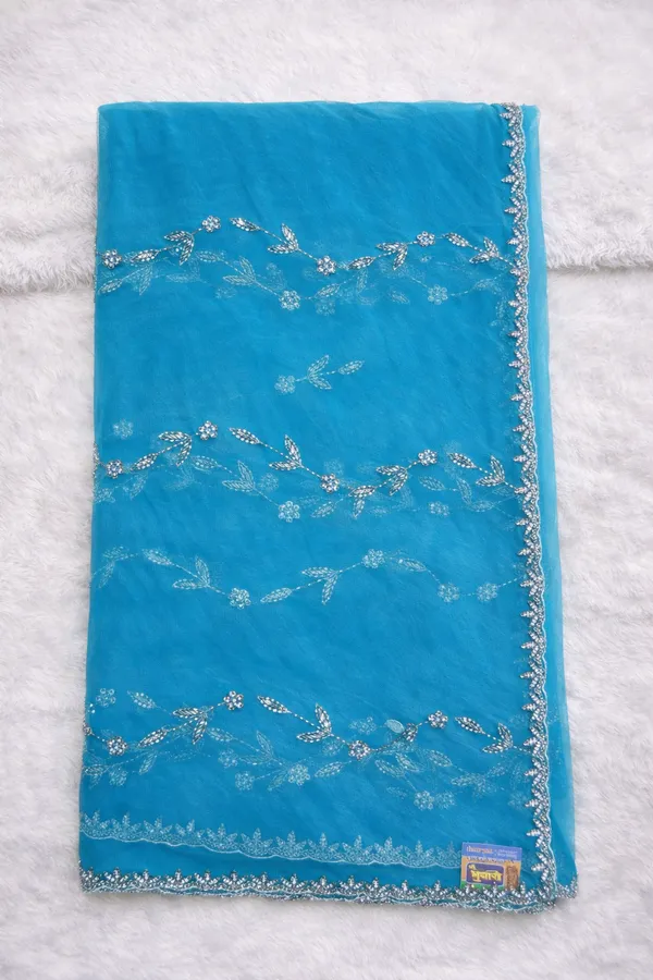 Turquoise_Blue_Embellished_Organza_Saree_With_Silver_Sequin_Work
